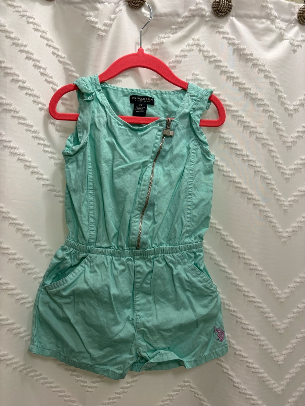 U.S. Polo Assn. Mint Green Sleeveless Romper with Asymmetrical Zipper
